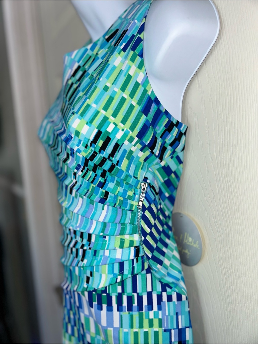 Emma & Michele Aqua, Teal & Blue Geometric Sheath Dress - Picture 4 of 6
